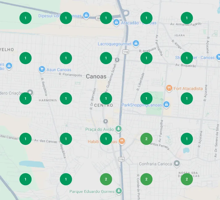 Grade de posições de um perfil no Google Maps em Canoas: quase todos os pontos da cidade em primeiro lugar