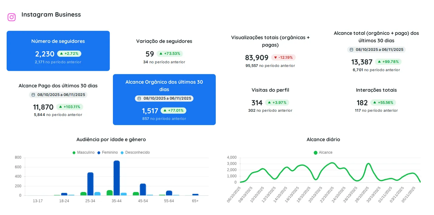 Painel real do Instagram de um cliente, com seguidores, alcance e visitas ao perfil
