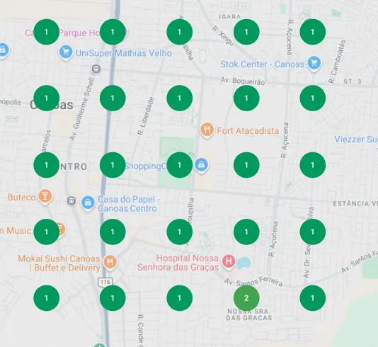 Mapa de posições no Google, ponto a ponto na cidade